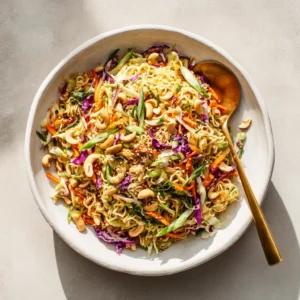 A close-up overhead view of the finished Asian ramen noodle salad, highlighting the toasted almonds, crunchy noodles, and fresh green onions.