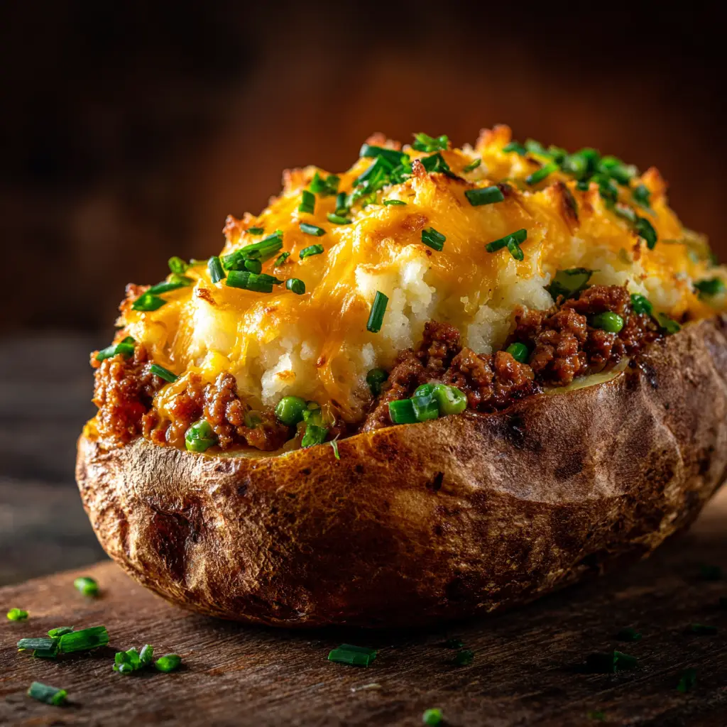 Shepherd’s Pie Baked Potatoes: The Ultimate Comfort Food Mashup 1 A process shot showing the baked potato boats being filled with the savory shepherd's pie meat mixture before being topped with mashed potatoes.