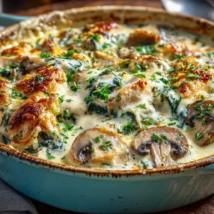 Creamy Chicken and Spinach Casserole: The Ultimate Comfort Meal 4 A close-up spoonful of baked chicken and spinach casserole, showing the creamy texture and melted cheese.