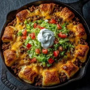 An overhead view of the Crescent Roll Taco Bake in a 9x13 baking dish, fresh out of the oven with a golden brown crust.