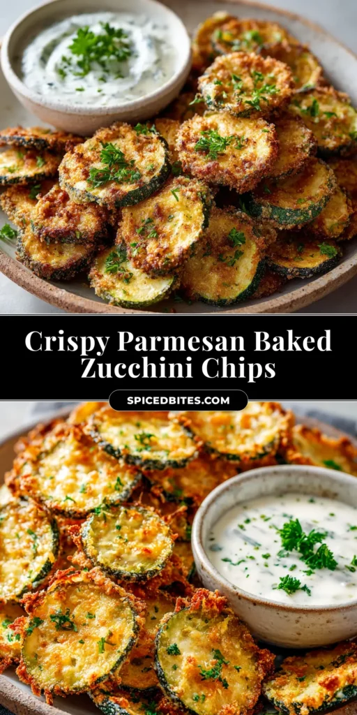 Baked Zucchini Chips (The Ultimate Crispy Recipe!) 3 A top-down view of crispy golden-brown baked zucchini chips arranged on a white plate, ready to be eaten. The title 'Crispy Baked Zucchini Chips' is overlaid in a bold, clear font.