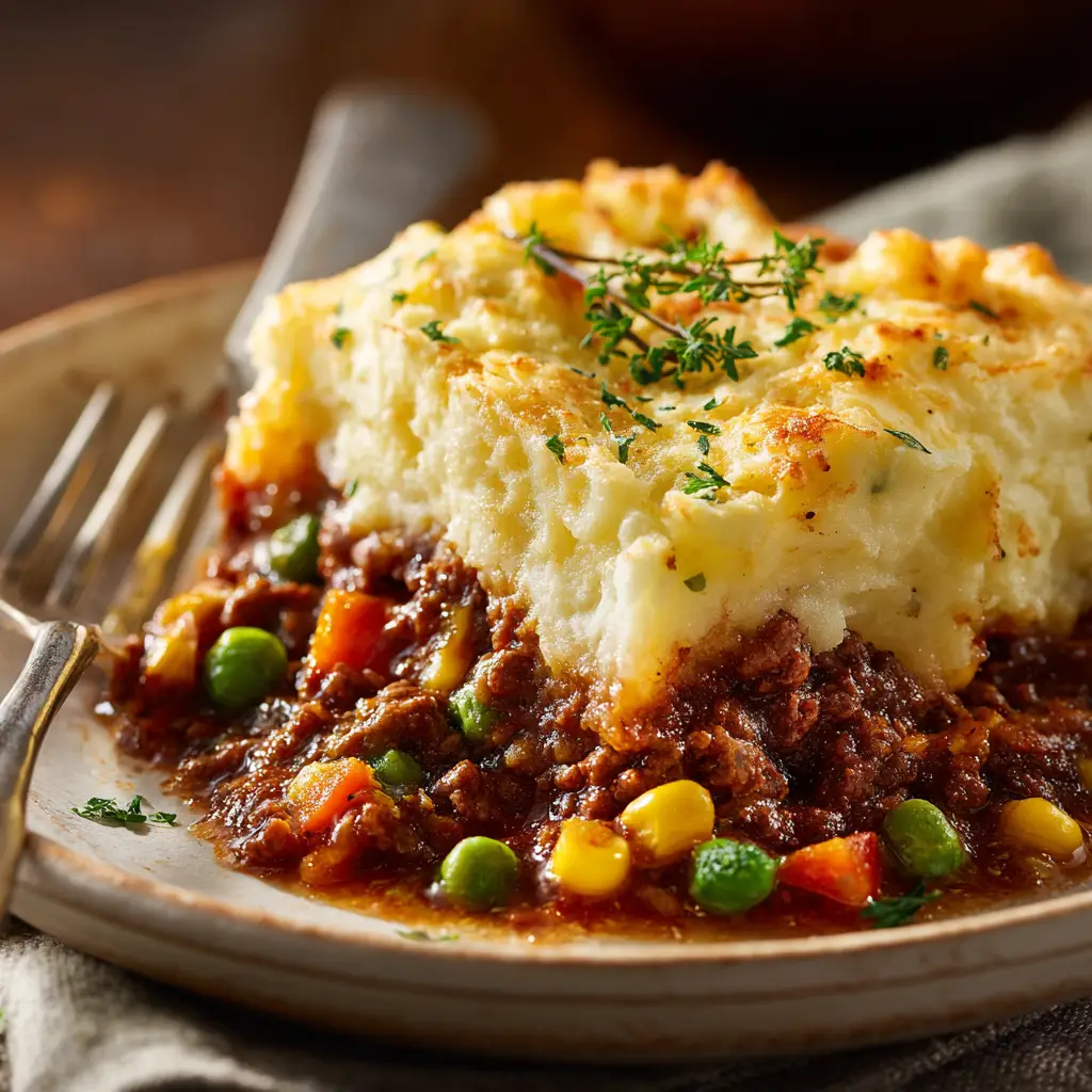 A spoonful of the best Shepherd's Pie recipe, showing the juicy ground lamb and vegetable filling beneath the golden mashed potatoes.