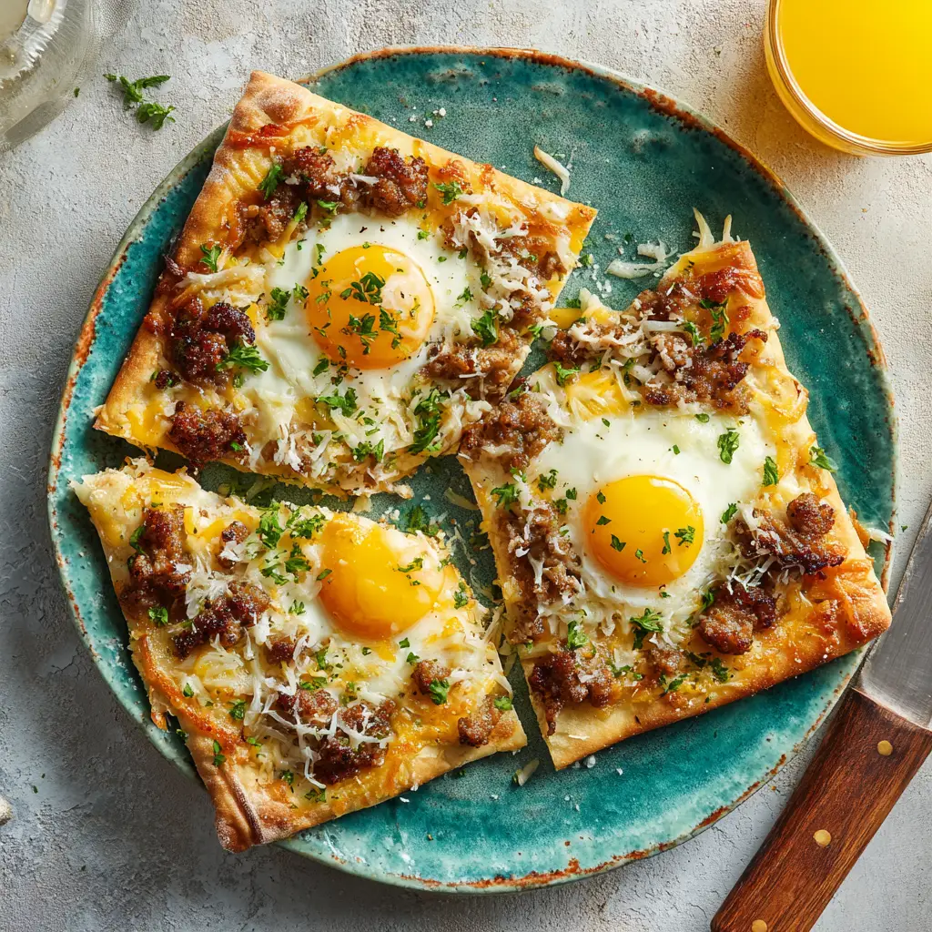 Breakfast Pizza (The Ultimate Easy Recipe) 1 A close-up slice of breakfast pizza, highlighting the fluffy eggs, sausage, and gooey cheese toppings.