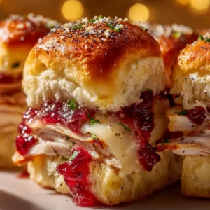 Cranberry Turkey Sliders: The Ultimate Party Recipe 3 A close-up shot of a single cranberry turkey slider, with gooey melted Swiss cheese dripping down the side.