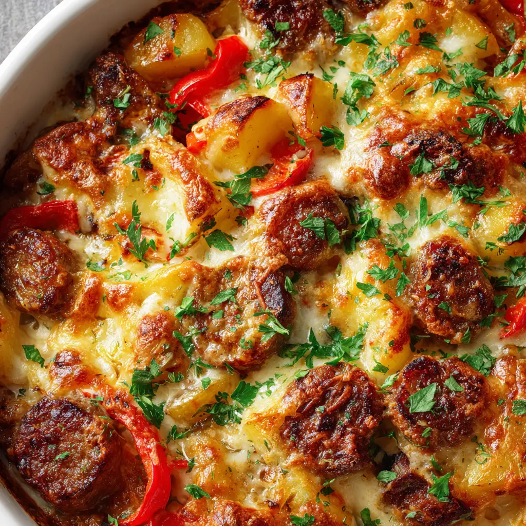 Sausage and Potato Casserole (Easy & Cheesy Recipe) 1 An extreme close-up of the cooked sausage and potato bake, focusing on the melted, bubbly cheddar cheese topping and crispy edges.