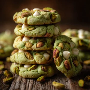 An extreme close-up shot of a stack of freshly baked pistachio pudding cookies, showcasing their chewy texture and golden-brown edges.