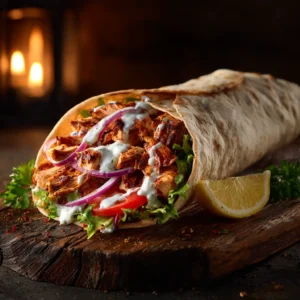 Chicken Shawarma Recipe (The BEST Authentic & Easy Method) 4 A bowl of raw chicken thighs marinating in a vibrant yogurt and spice mixture for an authentic chicken shawarma recipe.