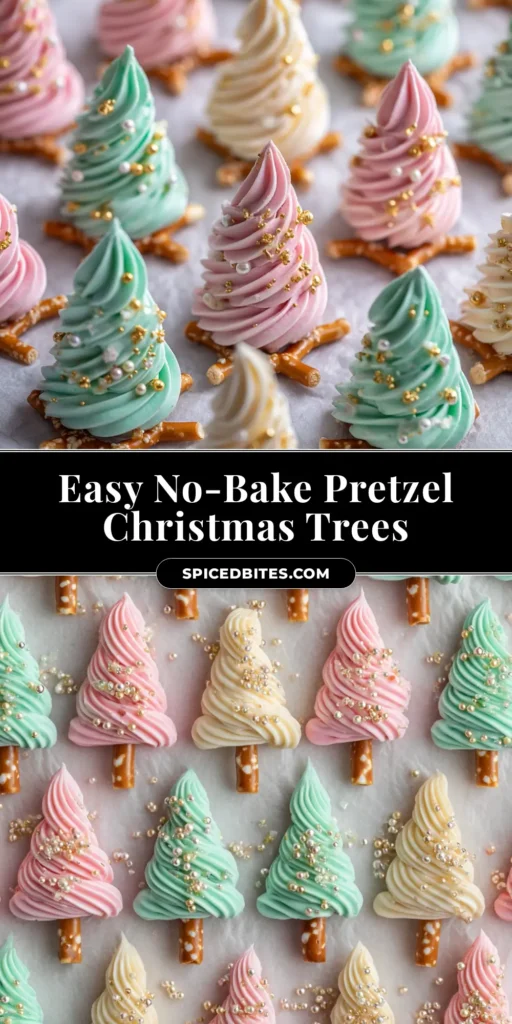 A close-up of festive Chocolate Pretzel Trees arranged on a plate. The green candy-coated pretzel rods are decorated with colorful holiday sprinkles, creating a fun and easy Christmas treat.