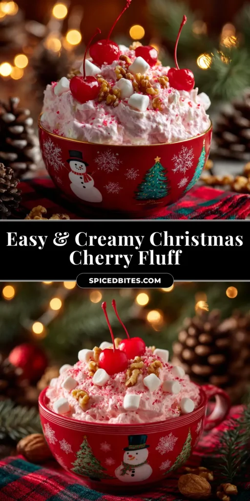 Christmas Cherry Fluff: The Easiest Holiday Dessert 3 A large glass bowl of festive Christmas Cherry Fluff salad, ready to be served as an easy holiday dessert.