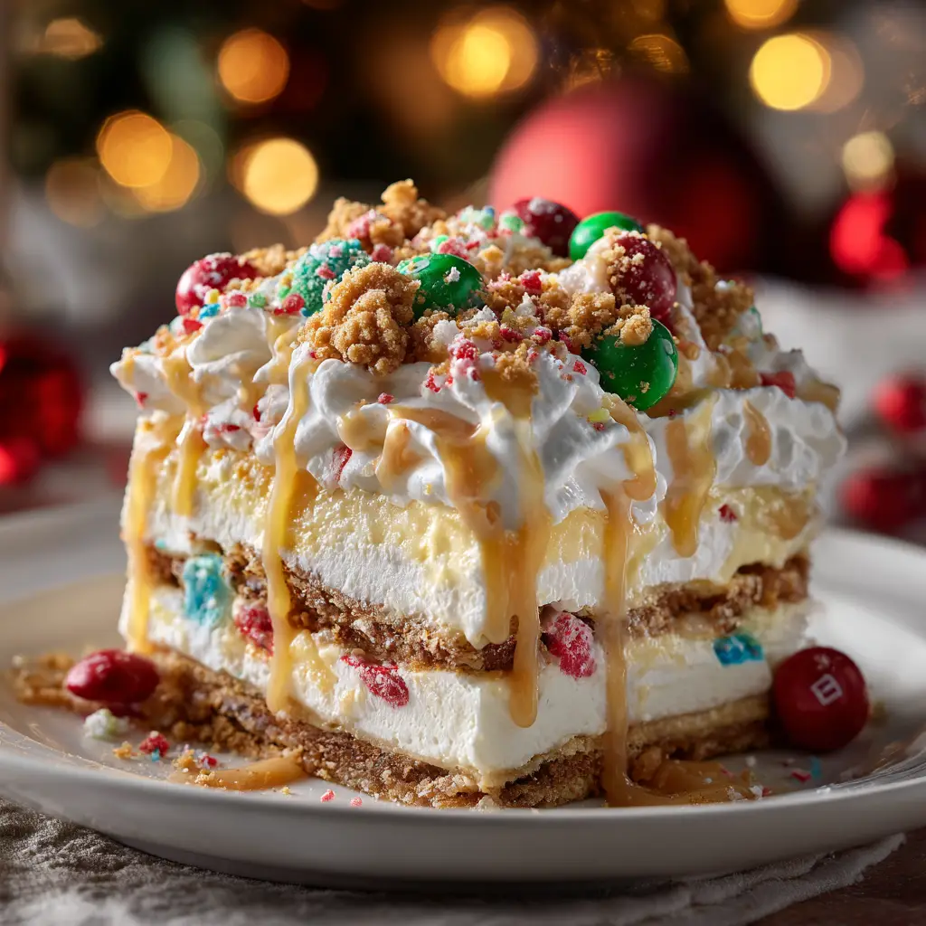 Christmas Dessert Lasagna: The Ultimate No-Bake Holiday Treat 1 The full 9x13 inch pan of Christmas Dessert Lasagna, decorated with holiday sprinkles and M&M's before being sliced.