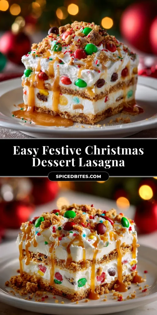 Christmas Dessert Lasagna: The Ultimate No-Bake Holiday Treat 3 A perfect slice of Christmas Dessert Lasagna on a plate, showing the distinct layers of Oreo crust, white cheesecake, green pudding, and whipped topping with festive sprinkles.
