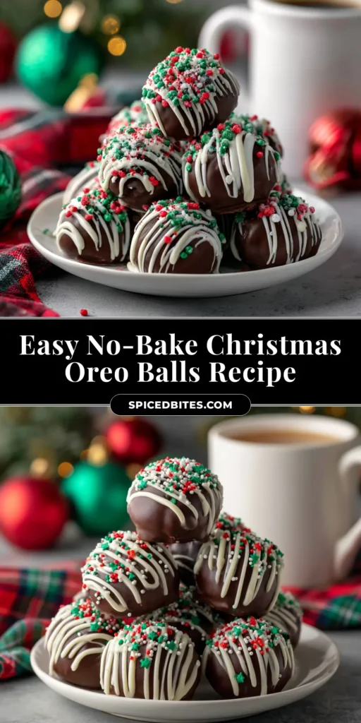 Christmas Oreo Balls (Easy No-Bake Recipe!) 4 A pyramid stack of festive Christmas Oreo Balls decorated with red and green sprinkles, ready for a holiday party.