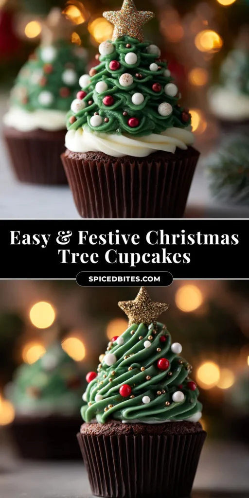 Christmas Tree Cupcakes: A Festive Holiday Treat 3 A festive display of Christmas Tree Cupcakes. Moist chocolate cupcakes are topped with green vanilla buttercream piped into a tree shape, decorated with colorful sprinkles and a yellow star on top.