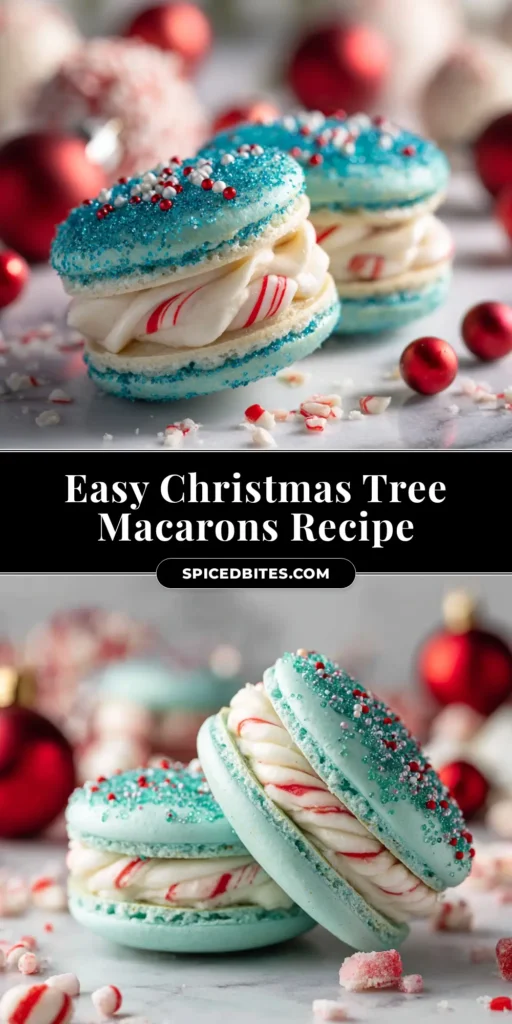 A close-up of beautifully decorated Christmas Tree Macarons with white chocolate peppermint filling and festive sprinkles, ready for a holiday party.
