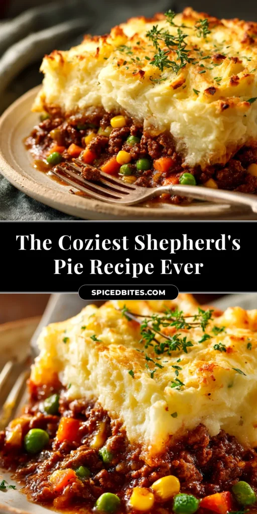 A close-up overhead shot of a classic Shepherd's Pie recipe in a baking dish, showing the golden-brown mashed potato topping and bubbly meat filling.