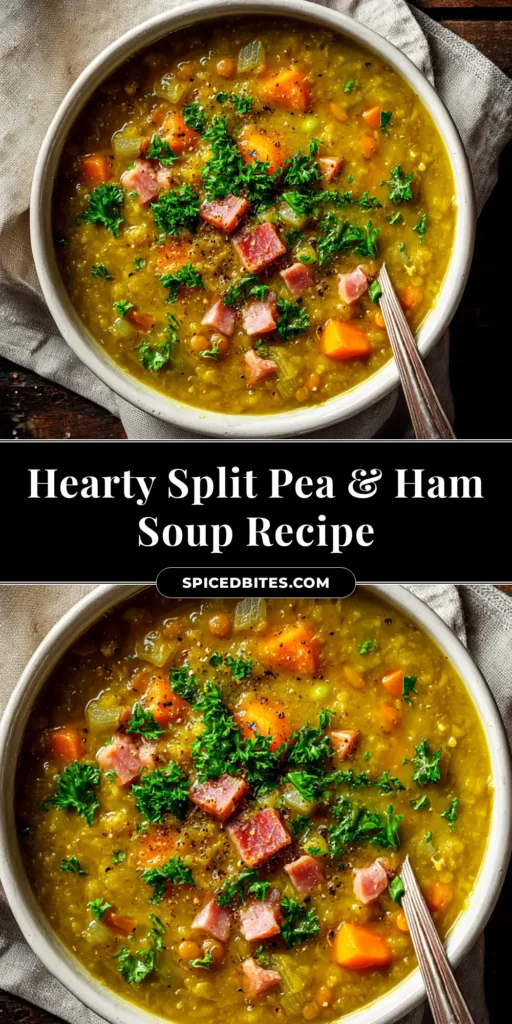 Split Pea Soup Recipe (The Coziest, Most Flavorful Bowl) 4 A large white bowl filled with creamy green split pea soup, garnished with croutons and fresh herbs, ready to be shared. A classic split pea soup recipe.