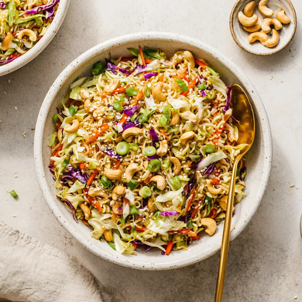 A bright, beautiful shot of the cold ramen noodle salad from above, showing the colorful mix of cabbage, carrots, and crunchy toppings.