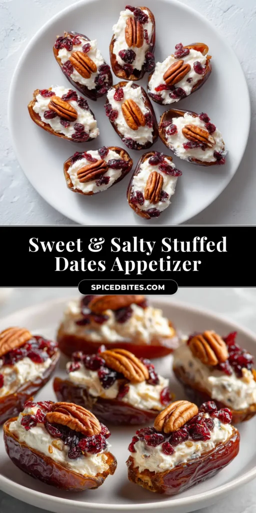 Cranberry Pecan Stuffed Dates: The Perfect Holiday Appetizer 3 A platter of Cranberry Pecan Stuffed Dates, a perfect no-bake holiday appetizer. The dates are filled with a creamy white mixture and topped with pecans and cranberries.