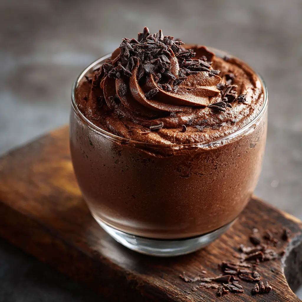 2-Ingredient Mousse (The Easiest, Creamiest Chocolate Dessert) 1 A spoonful of creamy chocolate mousse being lifted from a glass, illustrating the dessert's light and fluffy texture.