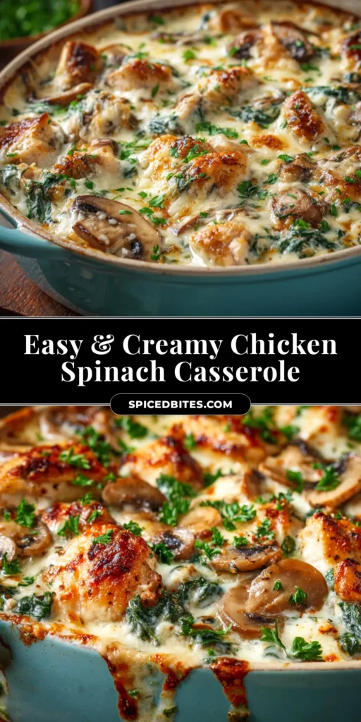 Creamy Chicken and Spinach Casserole: The Ultimate Comfort Meal 3 A top-down view of a golden-brown, cheesy Creamy Chicken and Spinach Casserole in a white baking dish, ready to be served.