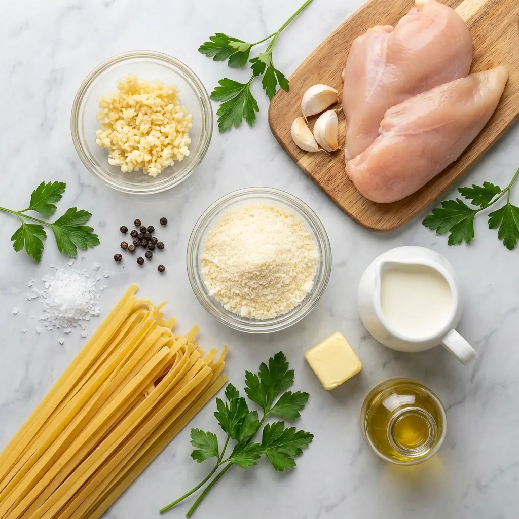 Creamy Garlic Chicken Pasta Recipe (Ready in 30 Mins!) 1 Ingredients for creamy garlic chicken pasta laid out on a marble surface, including chicken, pasta, garlic, and cream.