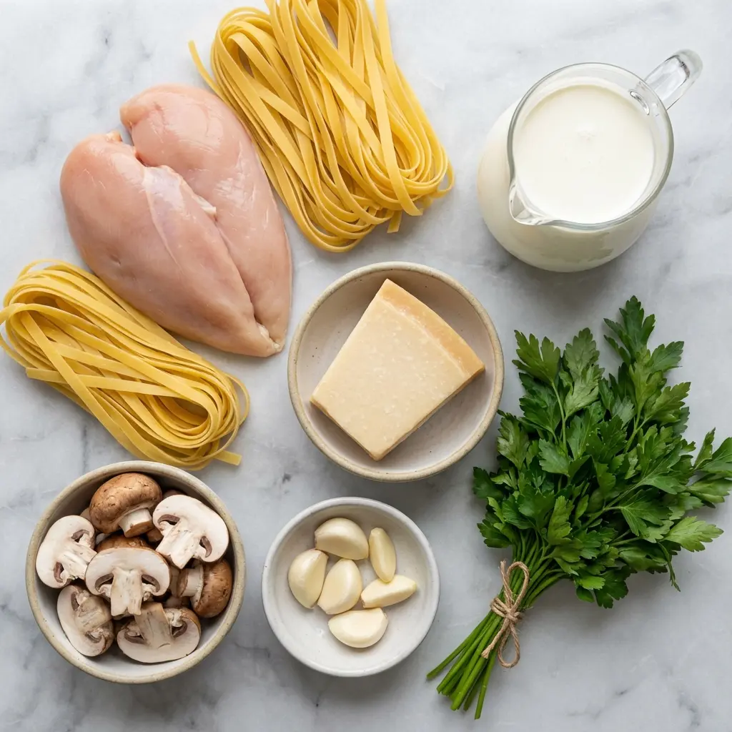 Creamy Garlic Chicken Pasta with Mushrooms: A 30-Minute Wonder 1 Ingredients for creamy garlic chicken pasta with mushrooms, including chicken, pasta, mushrooms, and cream, arranged on a marble surface.