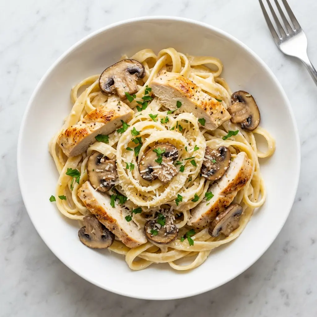 Creamy Garlic Chicken Pasta with Mushrooms: A 30-Minute Wonder 3 Overhead view of a bowl of creamy garlic chicken pasta with mushrooms on a marble surface.