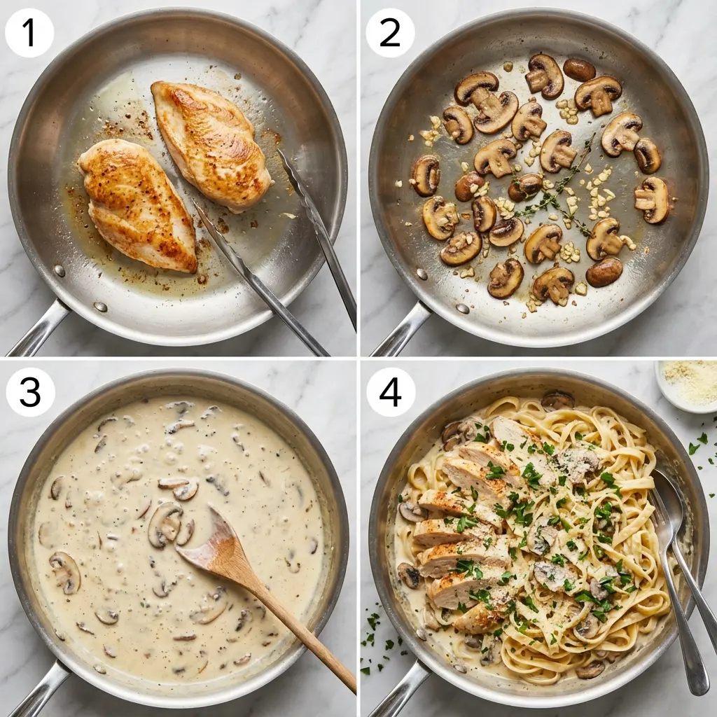 Creamy Garlic Chicken Pasta with Mushrooms: A 30-Minute Wonder 2 A 4-panel image showing the steps to make creamy garlic chicken pasta: searing chicken, cooking mushrooms, making the sauce, and combining all ingredients.