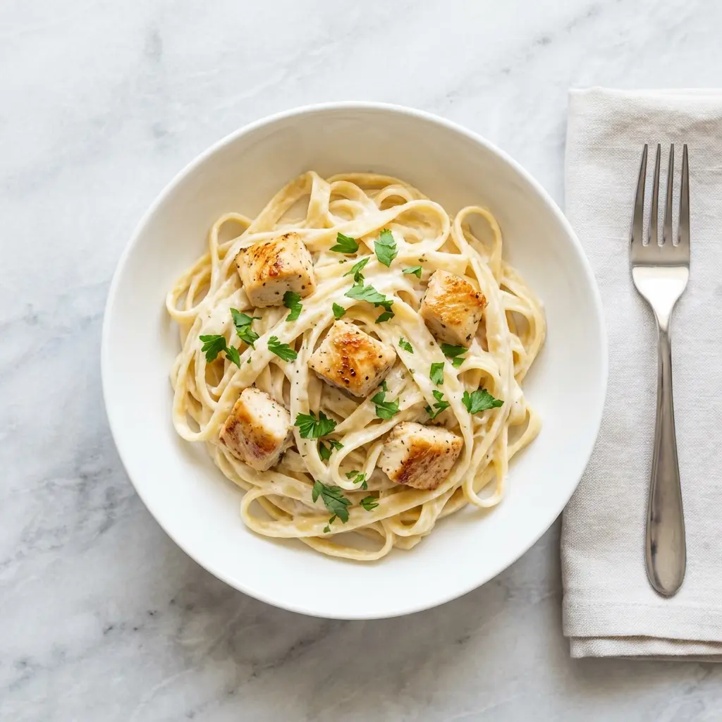 Creamy Garlic Chicken Pasta Recipe (Ready in 30 Mins!) 3 An overhead view of a bowl of creamy garlic chicken pasta.