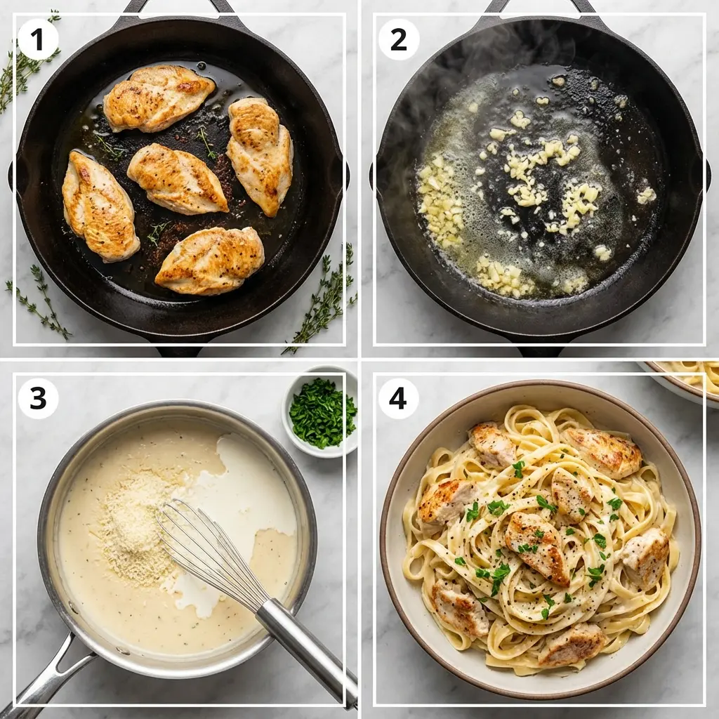 Creamy Garlic Chicken Pasta Recipe (Ready in 30 Mins!) 2 A 4-step photo collage showing how to make creamy garlic chicken pasta.