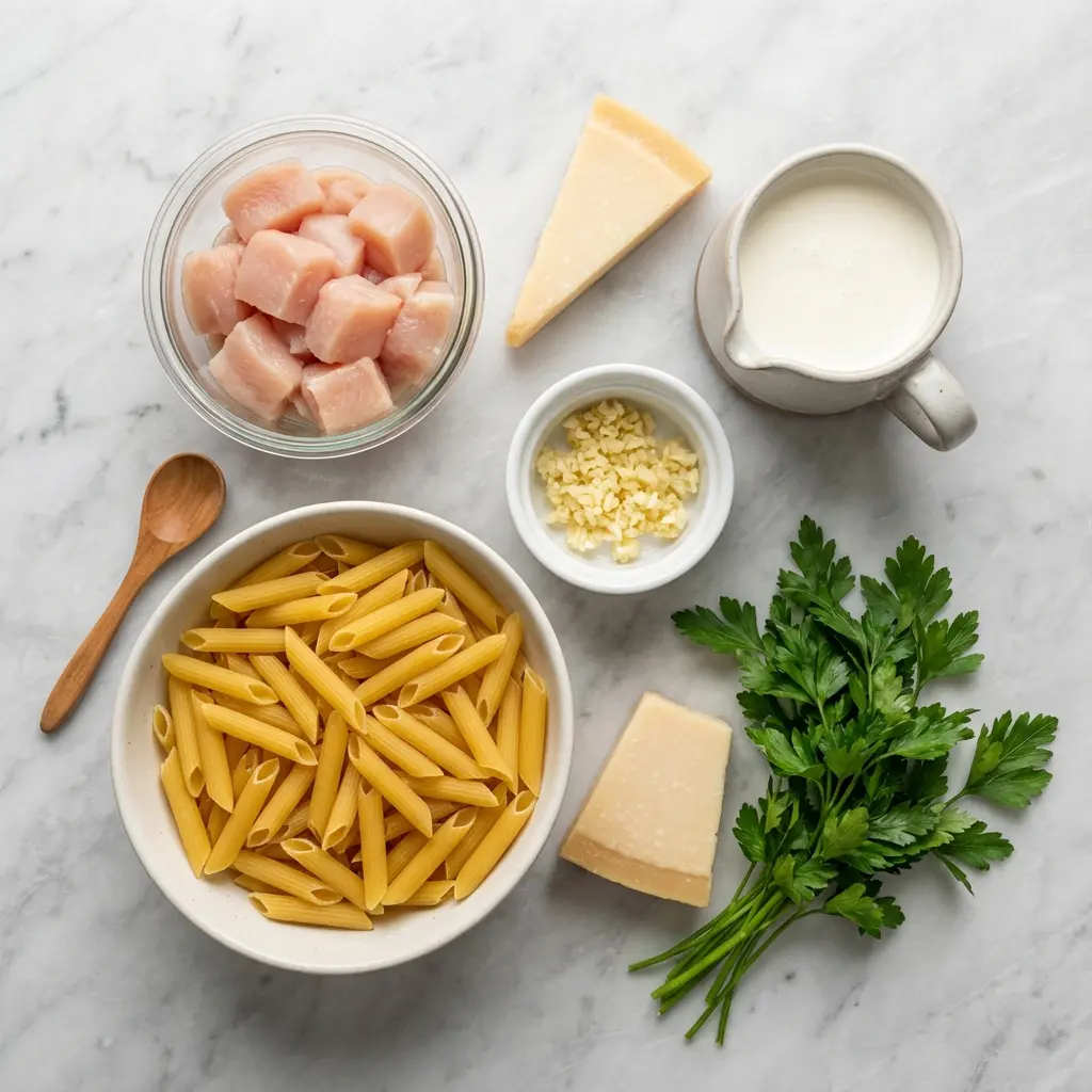 Creamy Garlic Chicken Penne Pasta (Ready in 30 Minutes!) 1 An overhead shot of the ingredients for creamy garlic chicken penne pasta, including chicken, penne, cream, garlic, and parmesan.