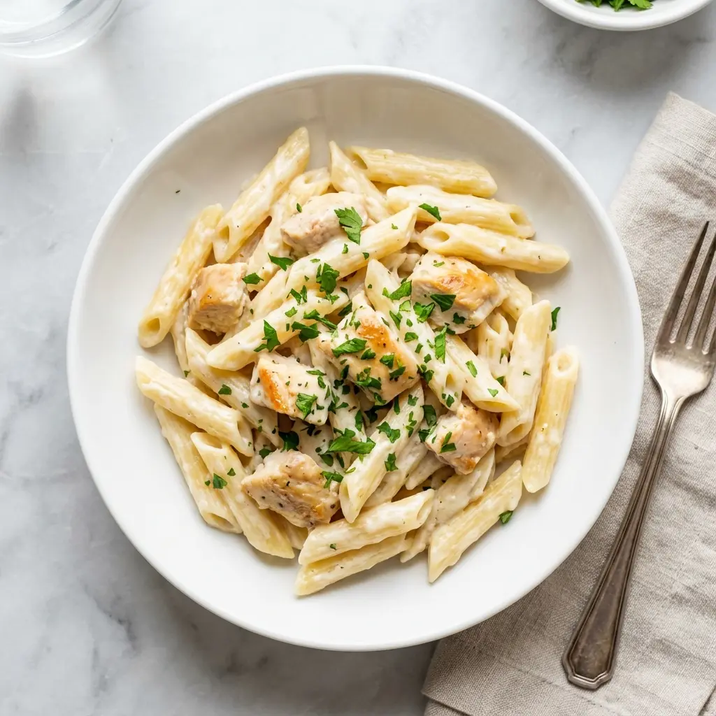 Creamy Garlic Chicken Penne Pasta (Ready in 30 Minutes!) 3 An overhead, top-down view of a serving of creamy garlic chicken penne pasta.
