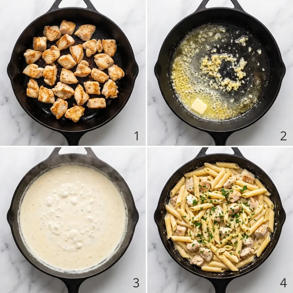 Creamy Garlic Chicken Penne Pasta (Ready in 30 Minutes!) 2 A 4-panel image showing the steps to make creamy chicken pasta: searing chicken, cooking garlic, making the cream sauce, and tossing the pasta.