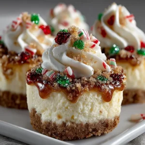 No-Bake Christmas Mini Cheesecakes: The Easiest Holiday Treat 4 A close-up of individual Christmas desserts, showing the creamy texture of the no-bake cheesecake filling on a graham cracker crust.
