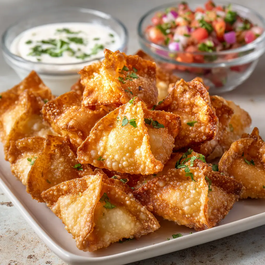 A platter of freshly cooked, crispy golden-brown Mexican wontons served with a side of salsa for dipping.
