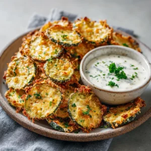 Baked Zucchini Chips (The Ultimate Crispy Recipe!) 4 A close-up shot of golden, oven-baked zucchini chips piled in a rustic white bowl. The texture of the crispy panko and parmesan crust is clearly visible.