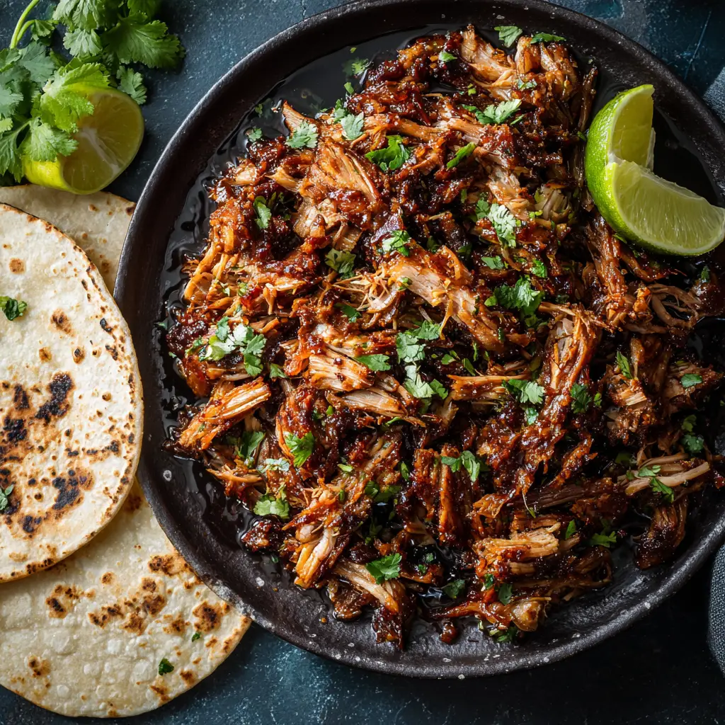 A platter of finished Slow Cooker Pork Carnitas, with crispy, golden-brown edges, surrounded by fresh cilantro and lime wedges.