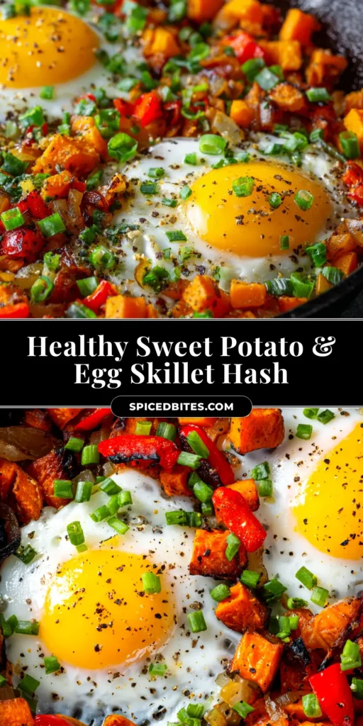 A skillet of crispy sweet potato hash topped with two perfectly fried eggs and a sprinkle of fresh herbs. The ultimate healthy breakfast.