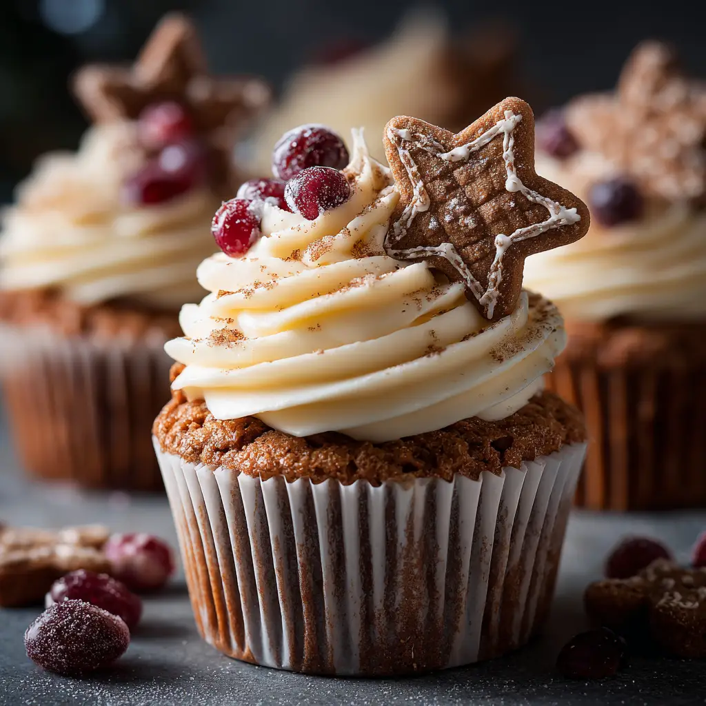A row of beautifully decorated gingerbread cupcakes ready for a holiday party, topped with cream cheese frosting and festive red and green sprinkles.