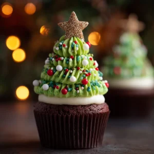 Christmas Tree Cupcakes: A Festive Holiday Treat 4 A single chocolate cupcake decorated to look like a Christmas tree, shown against a blurred festive background. This highlights the easy cupcake decorating technique described in the recipe.