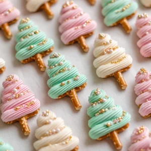 A macro shot showing the colorful sprinkle details on a green coated Christmas pretzel treat. The vibrant candy coating and festive decorations make this a perfect holiday dessert.