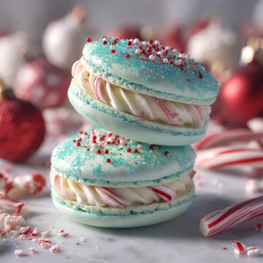 Decorating Christmas Tree Macarons with colorful sprinkles on a clean, white surface, showcasing a fun holiday baking activity.
