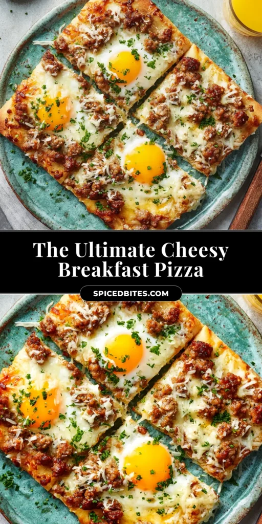 Breakfast Pizza (The Ultimate Easy Recipe) 3 A delicious and easy Breakfast Pizza recipe with a golden crust, scrambled eggs, savory sausage, and melted cheese, shown sliced on a wooden board.