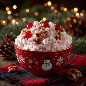 Christmas Cherry Fluff: The Easiest Holiday Dessert 4 A close-up shot of the creamy texture of the easy holiday fluff salad, showing marshmallows and pieces of cherry.