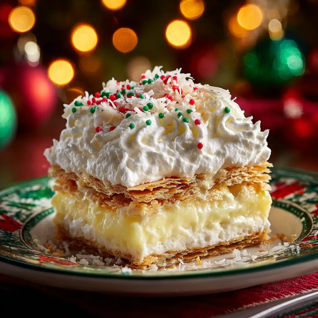 No-Bake Christmas Coconut Lasagna: The Easiest Holiday Dessert 1 A fork taking a bite out of a slice of the festive icebox cake, with toasted coconut and sprinkles on top, set against a holiday-themed background.
