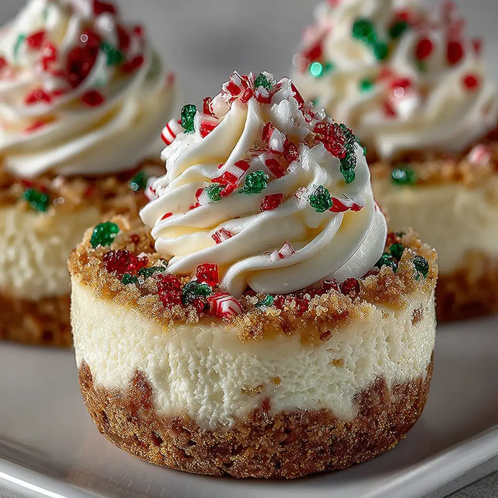 No-Bake Christmas Mini Cheesecakes: The Easiest Holiday Treat 1 A display of festive mini cheesecake bites topped with holiday decorations, illustrating an easy Christmas party dessert idea.
