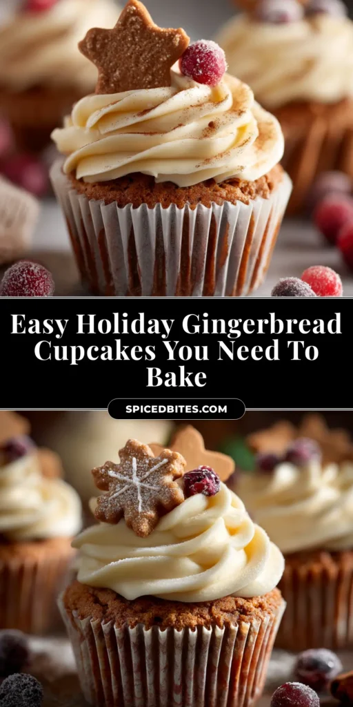 A beautiful overhead shot of festive Gingerbread Cupcakes with perfectly piped cream cheese frosting and holiday sprinkles on a wooden board.