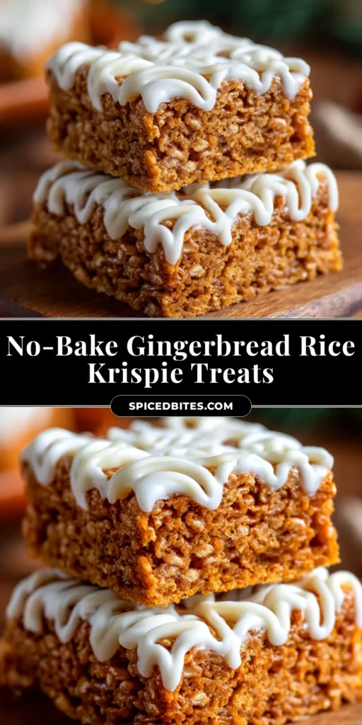 A stack of festive Gingerbread Rice Krispie Treats with white icing and holiday sprinkles, with a bite taken out of the top square.