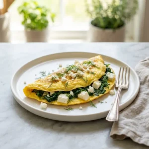 Greek Spinach Feta Omelet: The Ultimate Recipe for a Perfect Bite 4 A perfectly cooked Greek spinach feta omelet on a white plate, garnished with fresh dill.