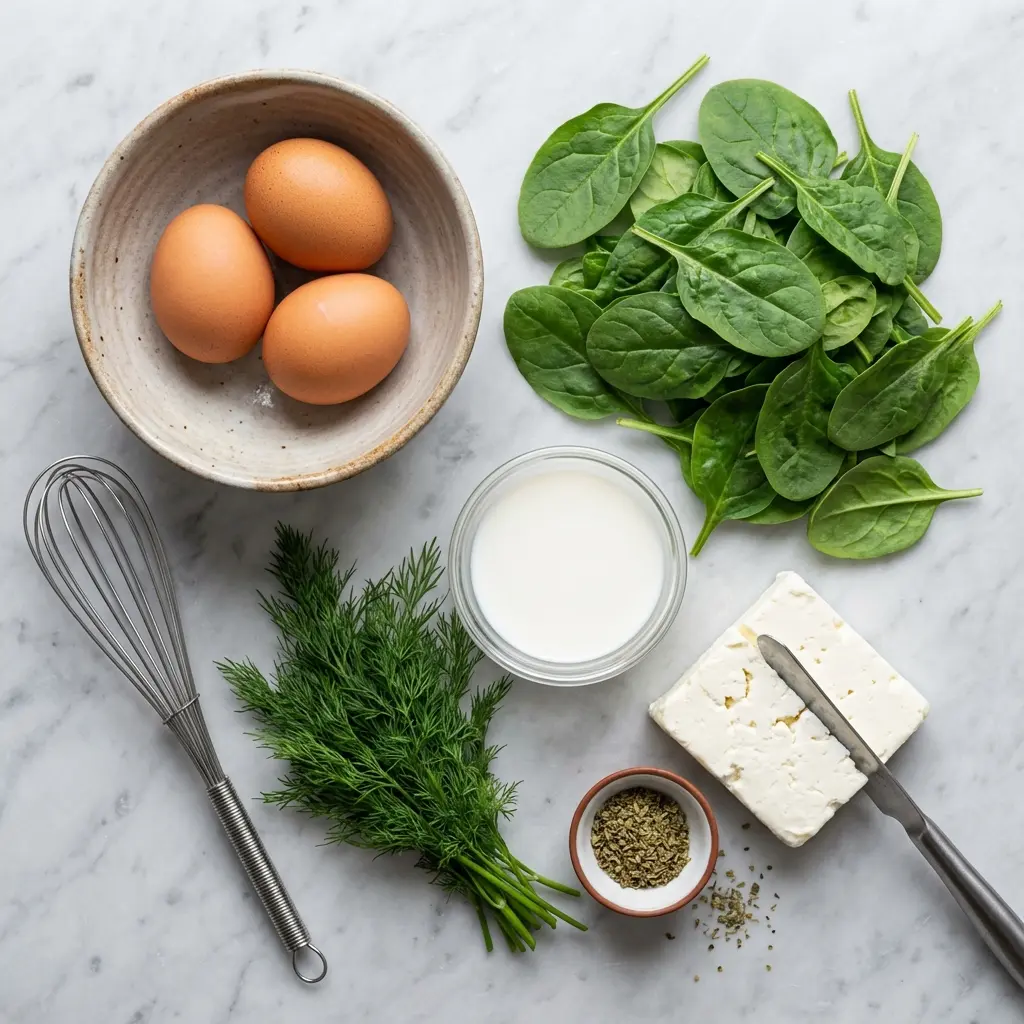 Greek Spinach Feta Omelet: The Ultimate Recipe for a Perfect Bite 1 Ingredients for the Greek spinach feta omelet laid out on a marble surface.